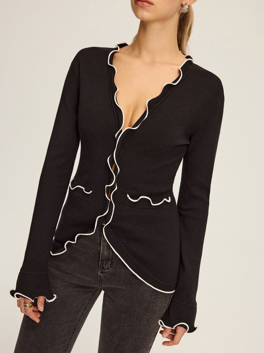 Contrast Scallop Trim Knit Top  Liora Lane Boutique Knit Outerwear