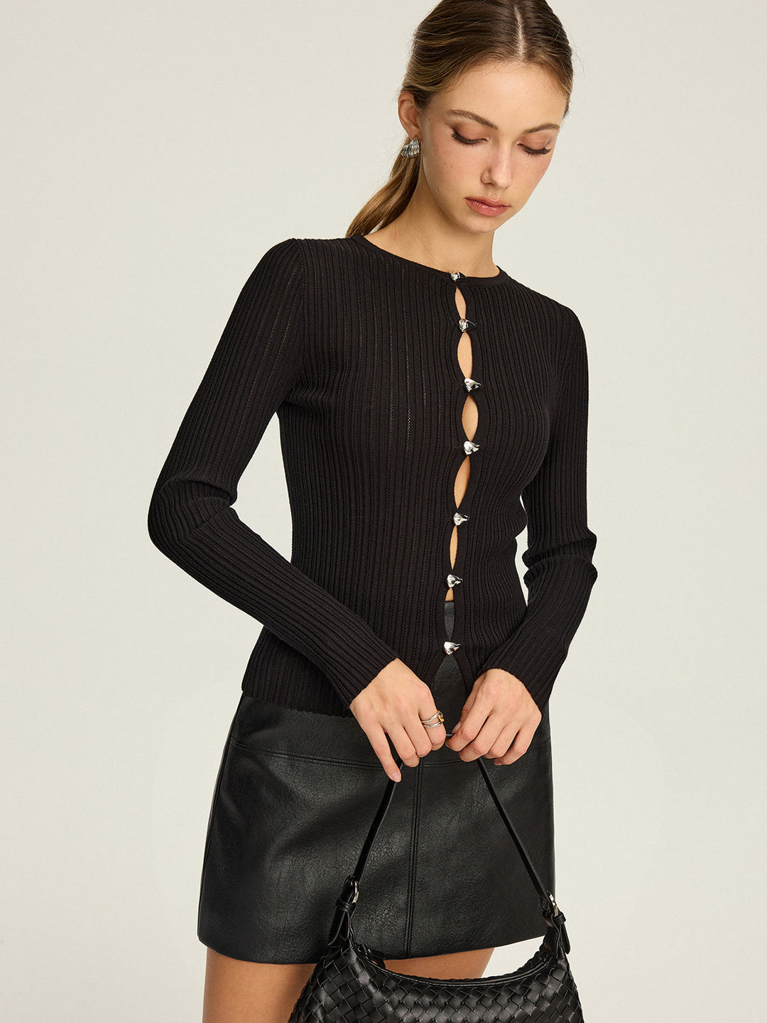 Metal Detail Cut-Out Ribbed Knit Top  Liora Lane Boutique Knit Tops