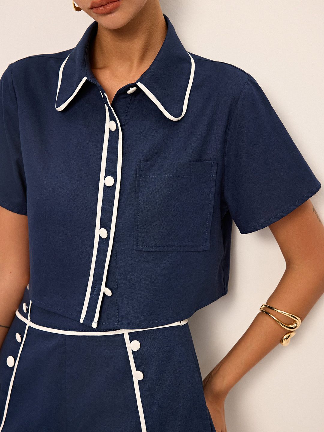 Contrast Piping Crop Shirt and Shorts Set  Liora Lane Boutique Short Sets