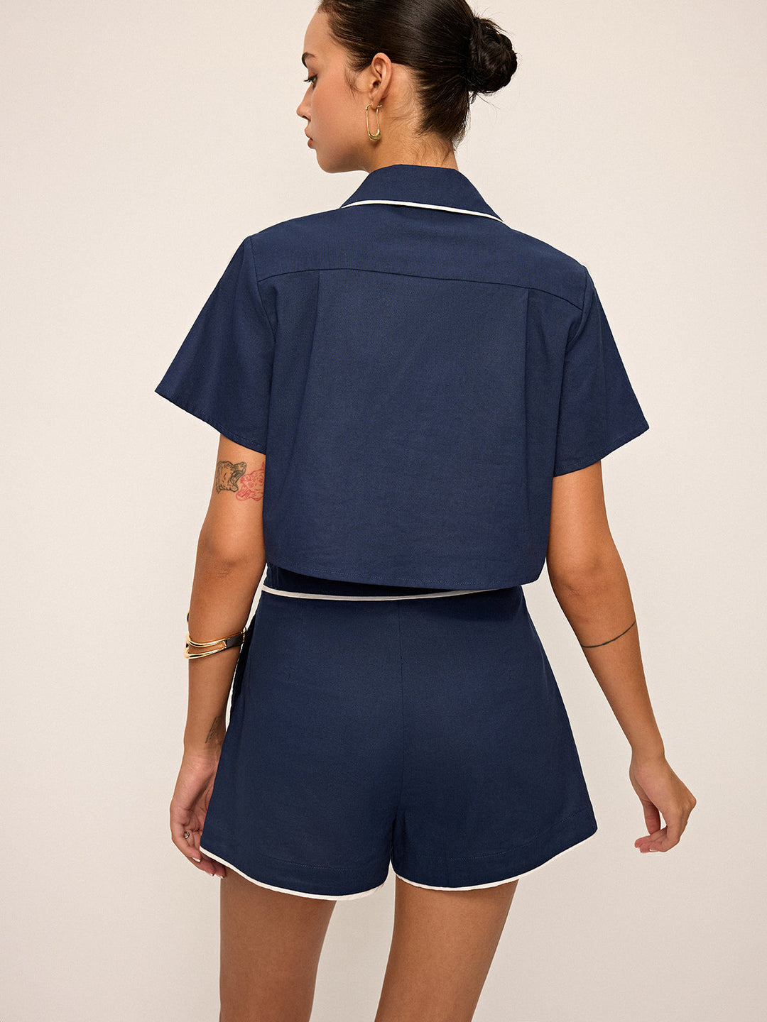 Contrast Piping Crop Shirt and Shorts Set  Liora Lane Boutique Short Sets