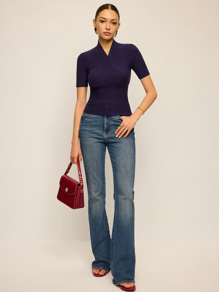 Ribbed Short-Sleeve Knit Top  Liora Lane Boutique Knit Tops