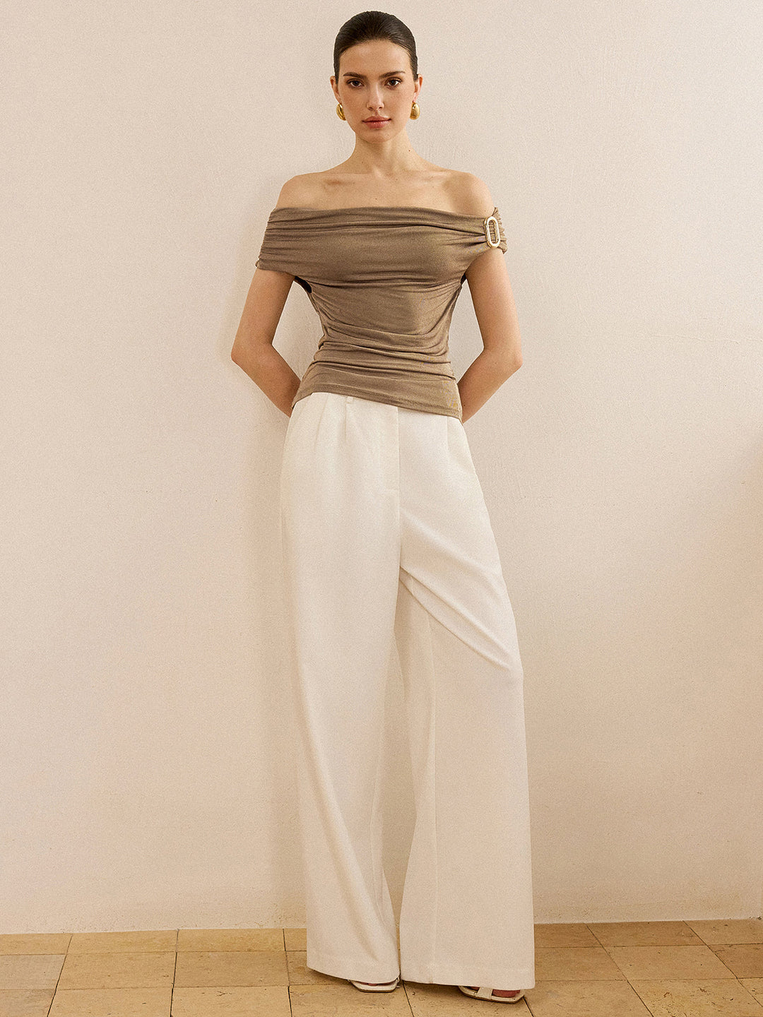 Off-Shoulder Ruched Top with Metal Buckle  Liora Lane Boutique T-Shirts Khaki / XL 22.00