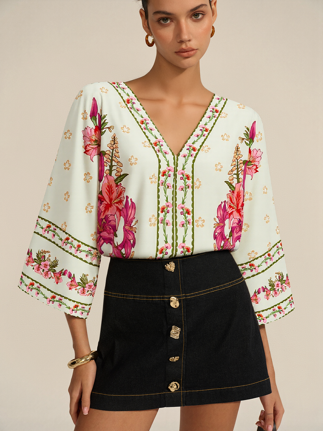 Floral Print V-Neck Tie-Back Bodysuit  Liora Lane Boutique Bodysuits Apricot / XL 29.00