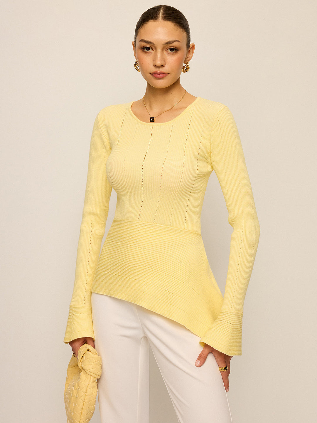Asymmetric Hem Flare Sleeve Eyelet Sweater  Liora Lane Boutique Sweaters Yellow / XL 42.00
