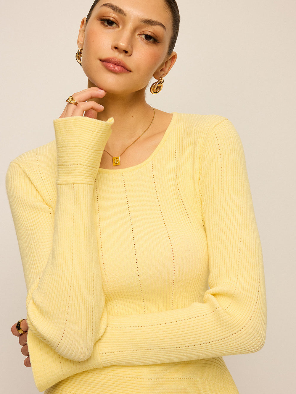 Asymmetric Hem Flare Sleeve Eyelet Sweater  Liora Lane Boutique Sweaters