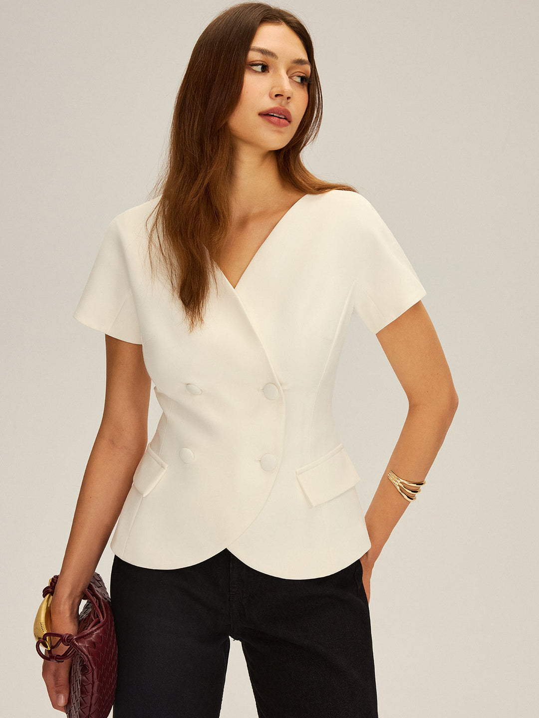 Double-Breasted Short-Sleeve Blazer  Liora Lane Boutique Blazers White / XL 125.00