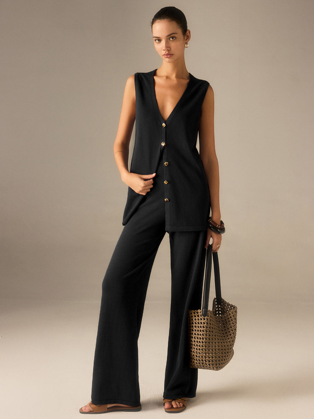 Golden Button Knit Vest Pants Set  Liora Lane Boutique Sweater Co-ords Black / XL 76.00