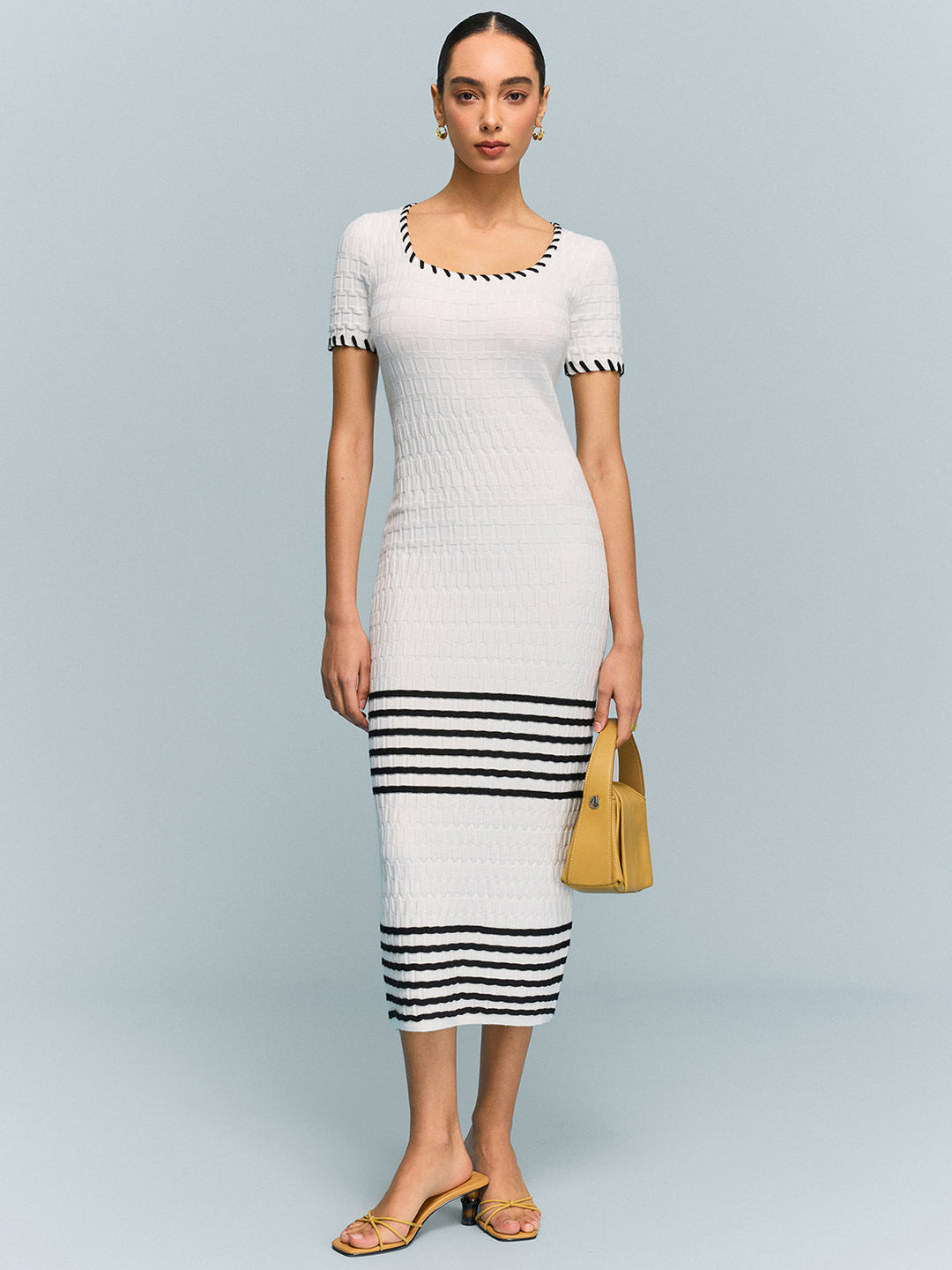 Textured Knit Midi Dress with Striped Hem  Liora Lane Boutique Sweater Dresses