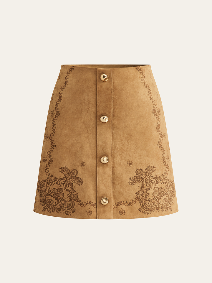 Print Suede Button Mini Skirt  Liora Lane Boutique Skirts Light Brown / XL 79.99