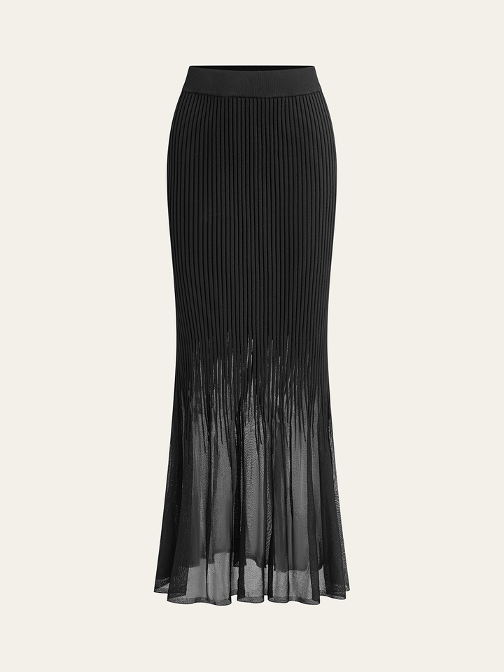 Mesh Hem Ribbed Knit Mermaid Skirt  Liora Lane Boutique Sweater Skirts Black / XL 45.00