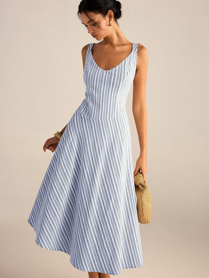 Striped Asymmetriccal Hem Midi Dress  Liora Lane Boutique Dresses Blue / XL 44.00