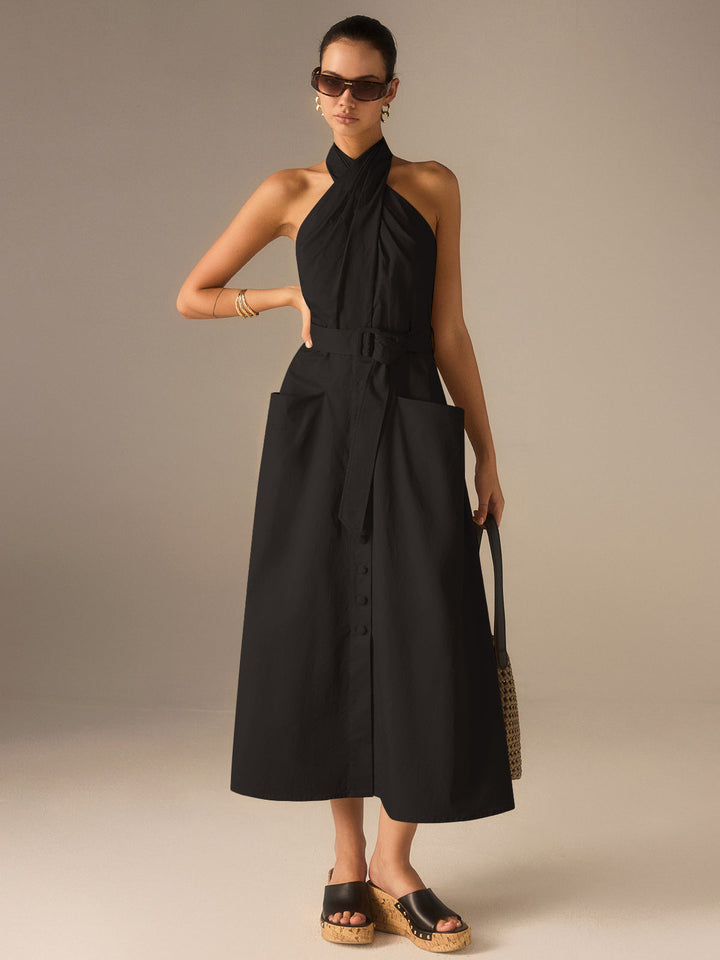 Cotton Pleated Halter Neck Belted Midi Dress  Liora Lane Boutique Dresses Black / XL 49.00