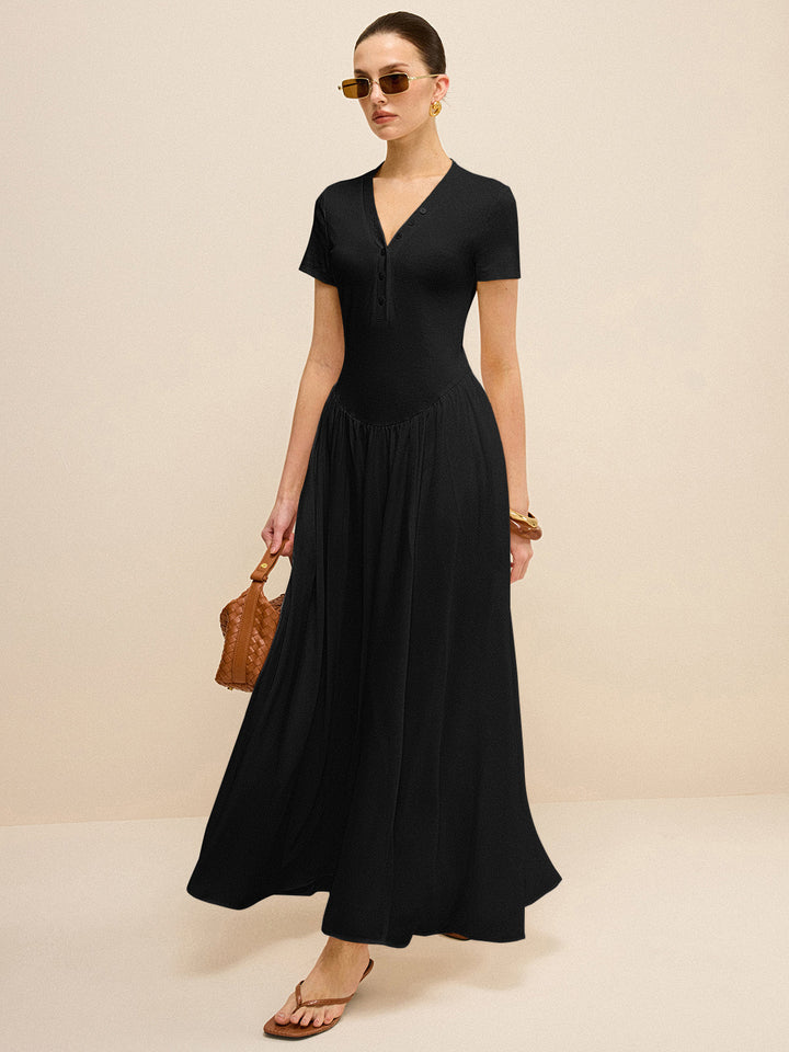 Button-Placket V-Neck Maxi Dress  Liora Lane Boutique Dresses Black / XL 84.99