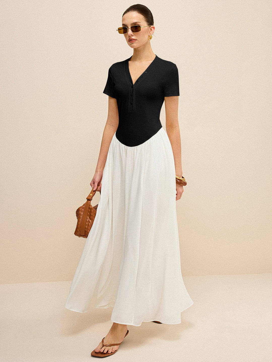 Button-Placket V-Neck Maxi Dress  Liora Lane Boutique Dresses BlackandWhite / XL 84.99
