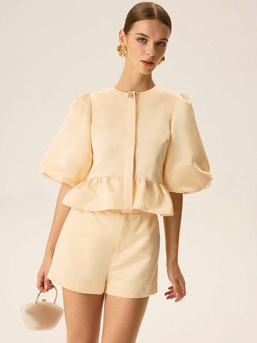 Puff Sleeve Peplum Top and Shorts Set  Liora Lane Boutique Short Sets Yellow / XL 54.00