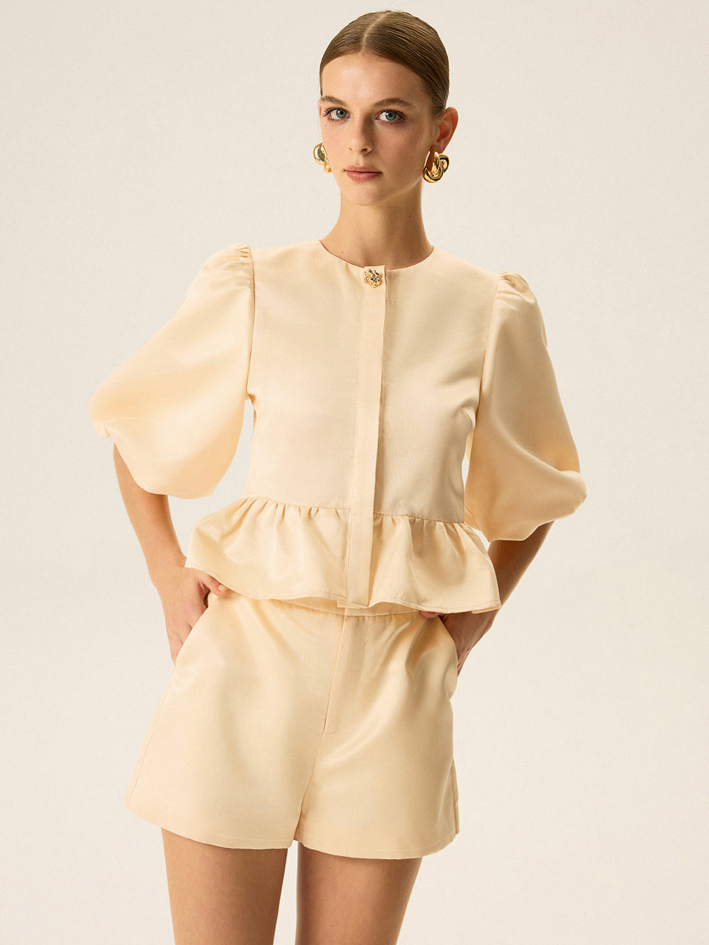 Puff Sleeve Peplum Top and Shorts Set  Liora Lane Boutique Short Sets