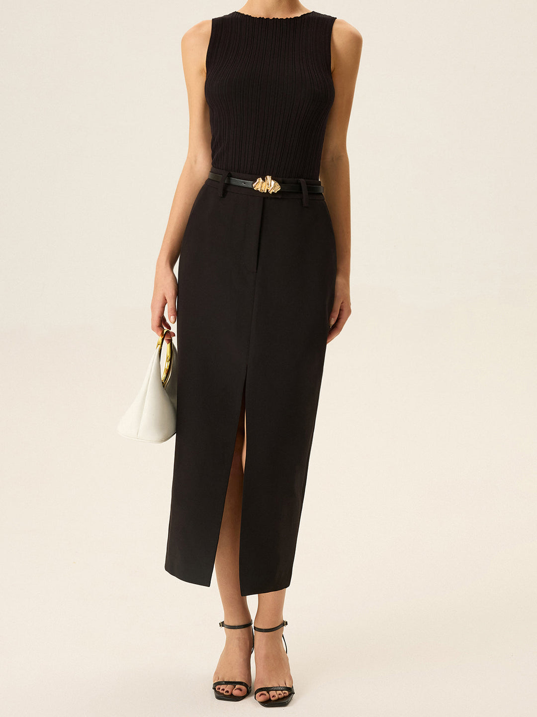 Belted Pocket Slit Midi Skirt  Liora Lane Boutique Skirts Black / XL 55.00