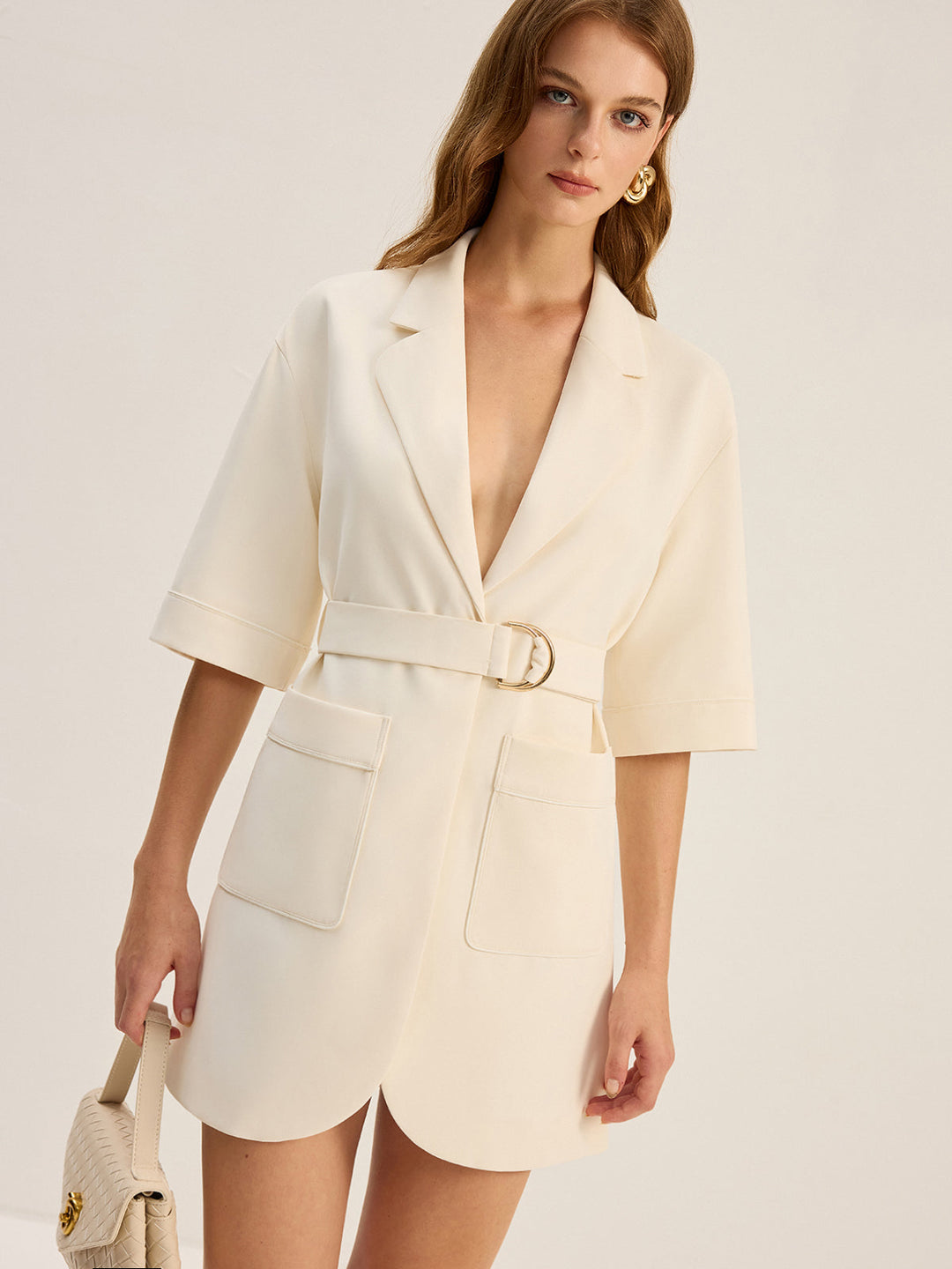 Belted Pocketed Blazer Dress  Liora Lane Boutique Dresses Apricot / XL 157.00