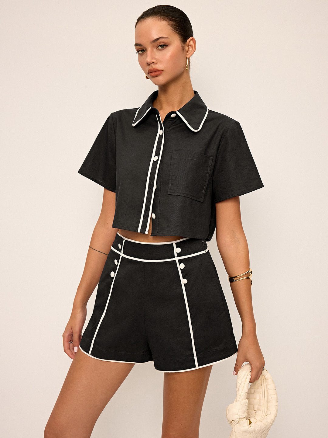 Contrast Piping Crop Shirt and Shorts Set  Liora Lane Boutique Short Sets Black / XL 55.00