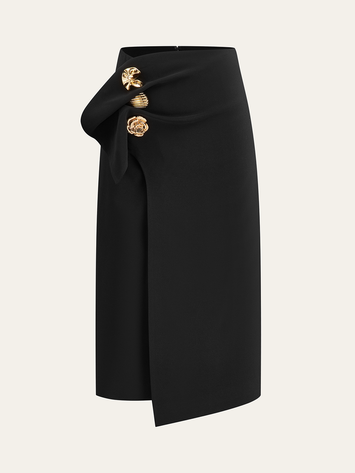 Metal Detail Asymmetric Midi Skirt  Liora Lane Boutique Skirts Black / XL 59.00