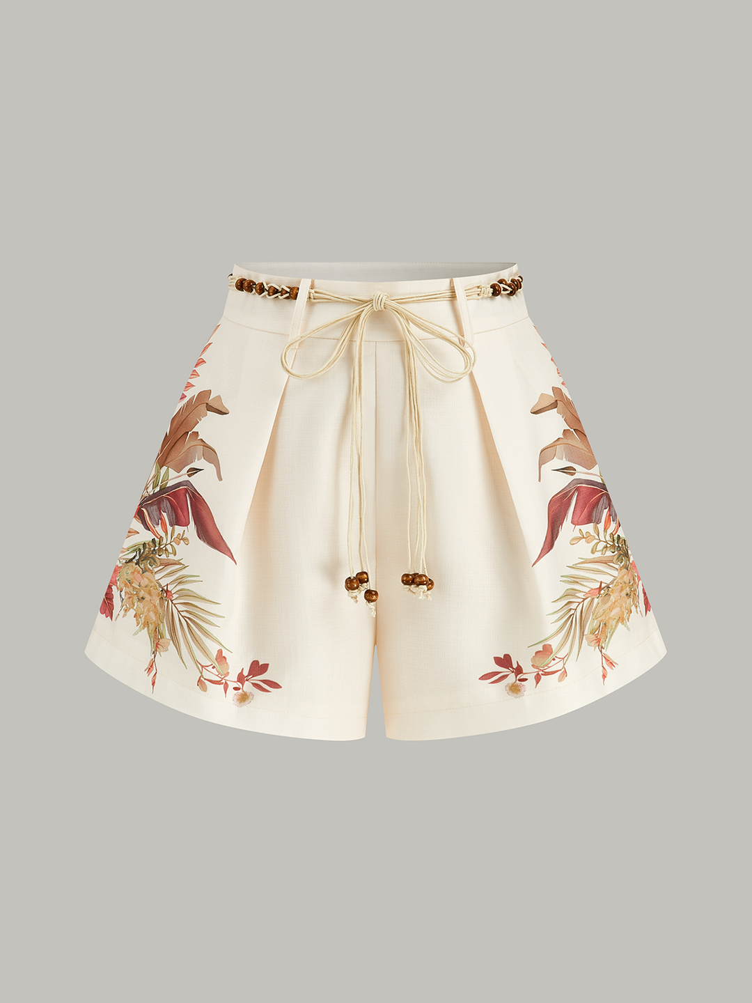Belted Tropical Print Mid-Waist Shorts  Liora Lane Boutique Shorts Apricot / XL 35.00