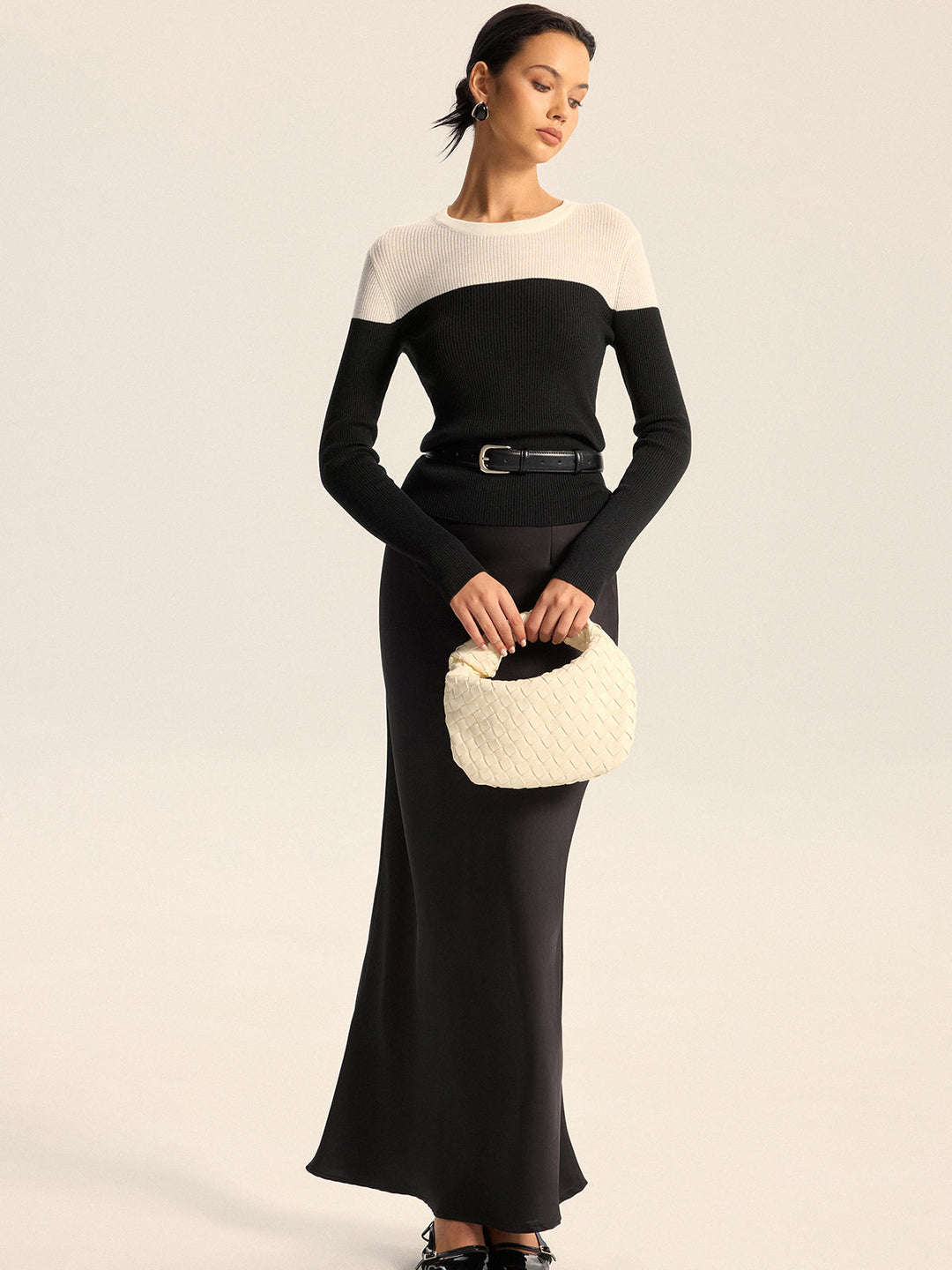 Two-Tone Ribbed Wool Blend Sweater without Belt  Liora Lane Boutique Sweaters