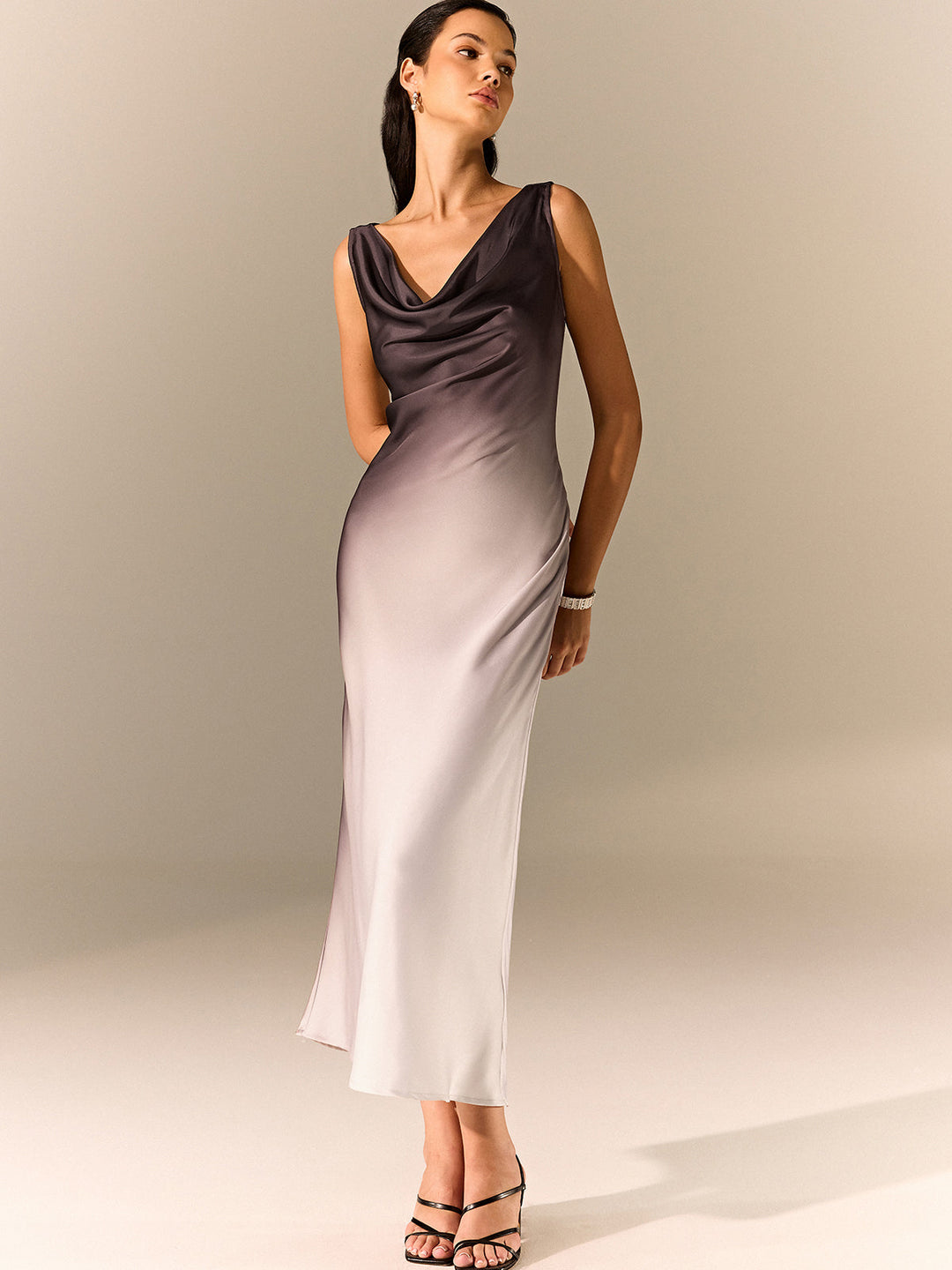 Ombre Satin Cowl Neck Maxi Dress  Liora Lane Boutique Dresses Dark Brown / XL 46.00