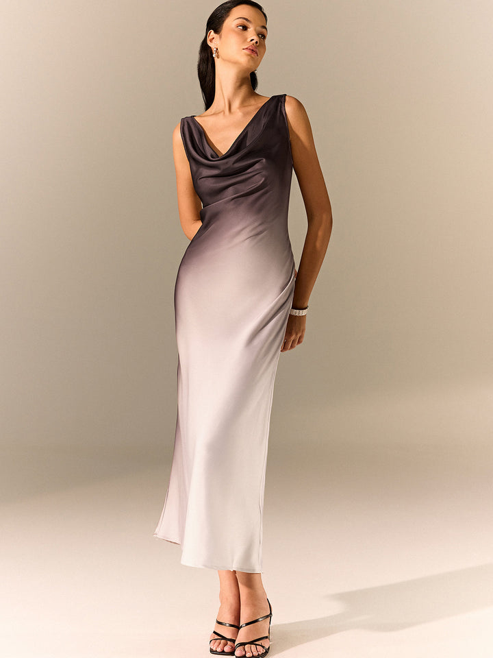 Ombre Satin Cowl Neck Maxi Dress  Liora Lane Boutique Dresses Dark Brown / XL 46.00