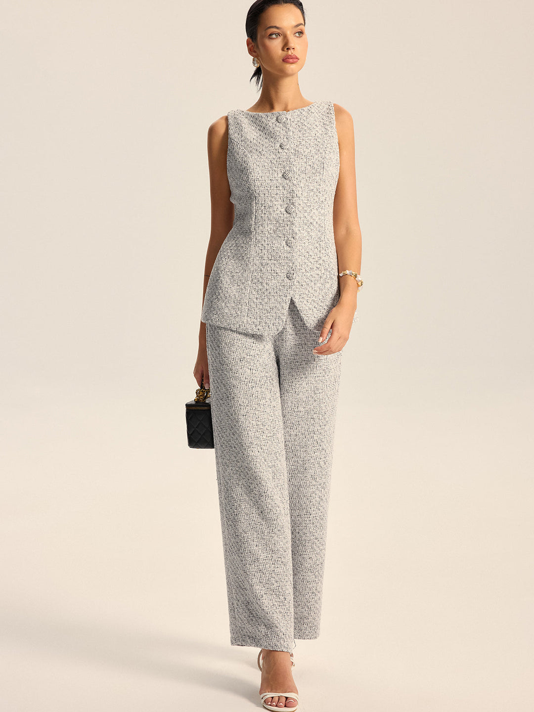 Textured Tweed Wide-Leg Pants  Liora Lane Boutique Pants Light Grey / XL 52.00