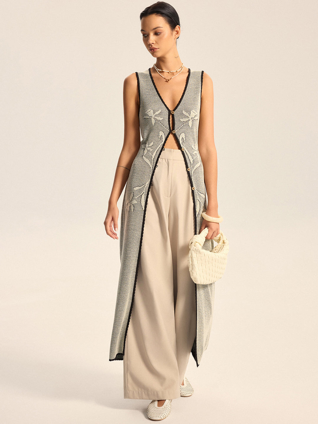 Floral Contrast Trim Knit Maxi Vest  Liora Lane Boutique Cardigans Light Grey / XL 48.00