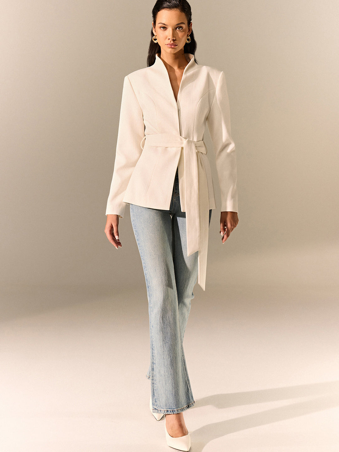 Stand Collar Belted Long Sleeve Blazer  Liora Lane Boutique Blazers