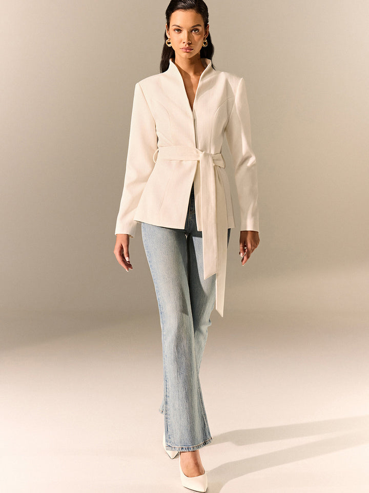 Stand Collar Belted Long Sleeve Blazer  Liora Lane Boutique Blazers