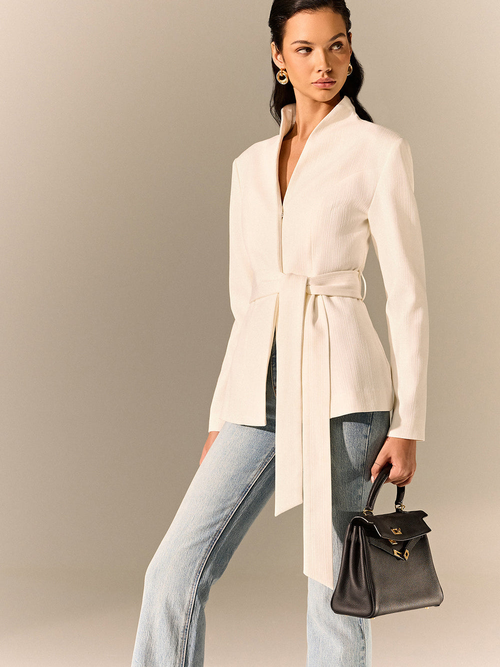 Stand Collar Belted Long Sleeve Blazer  Liora Lane Boutique Blazers