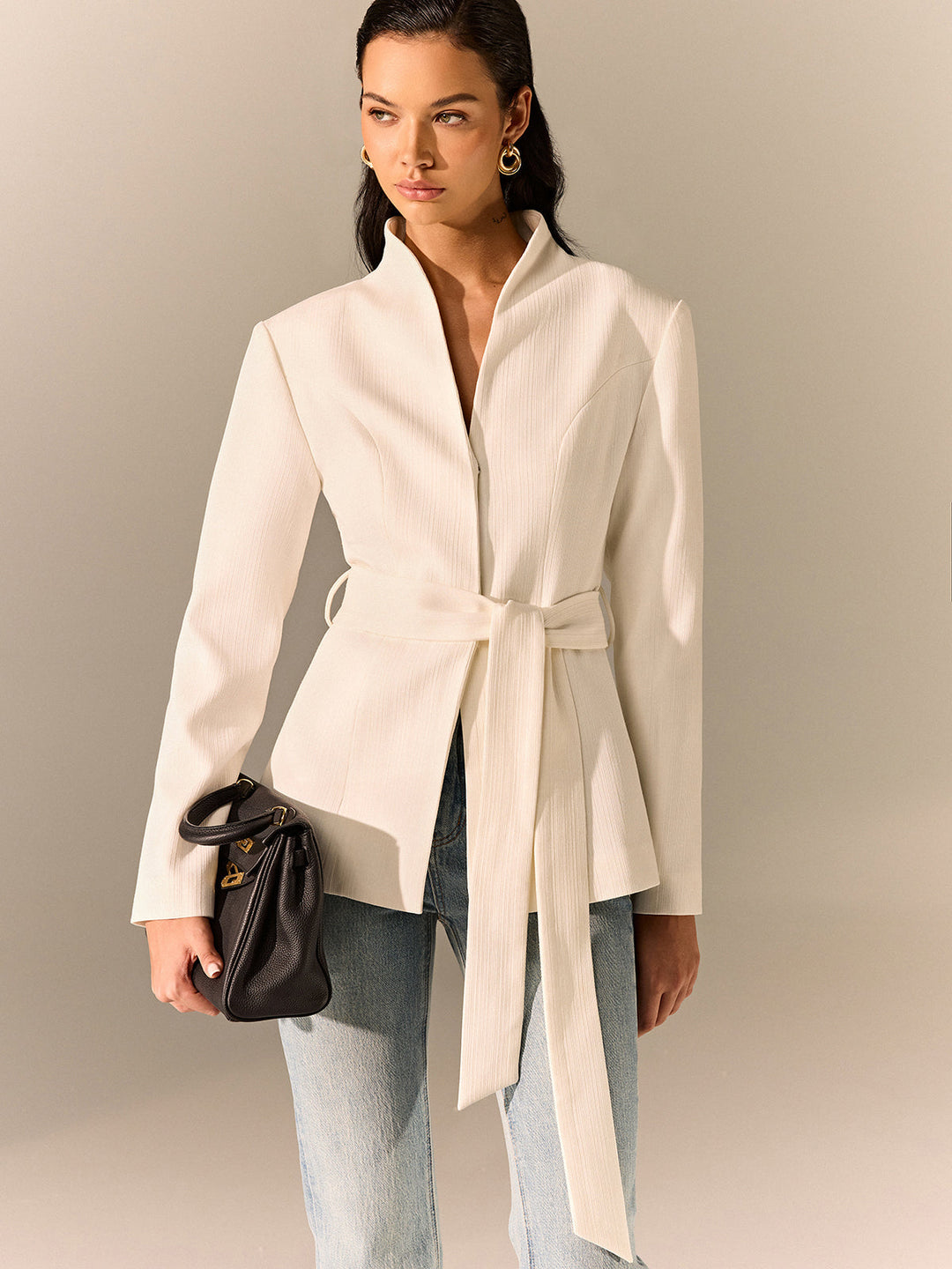 Stand Collar Belted Long Sleeve Blazer  Liora Lane Boutique Blazers White / XL 167.00