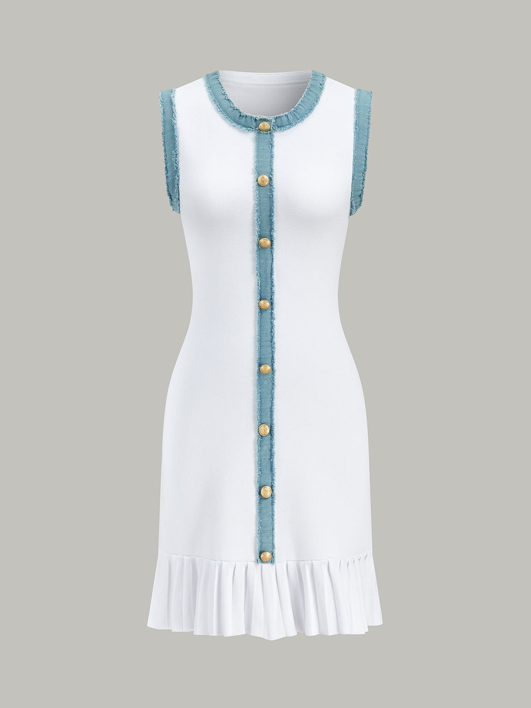 Denim Trim Button-Front Ruffle Hem Midi Dress  Liora Lane Boutique Sweater Dresses White / L 142.99