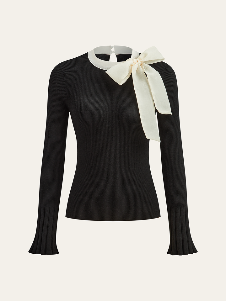 Bow Ribbed Flared Cuff Sweater  Liora Lane Boutique Sweaters BlackandWhite / XL 48.00