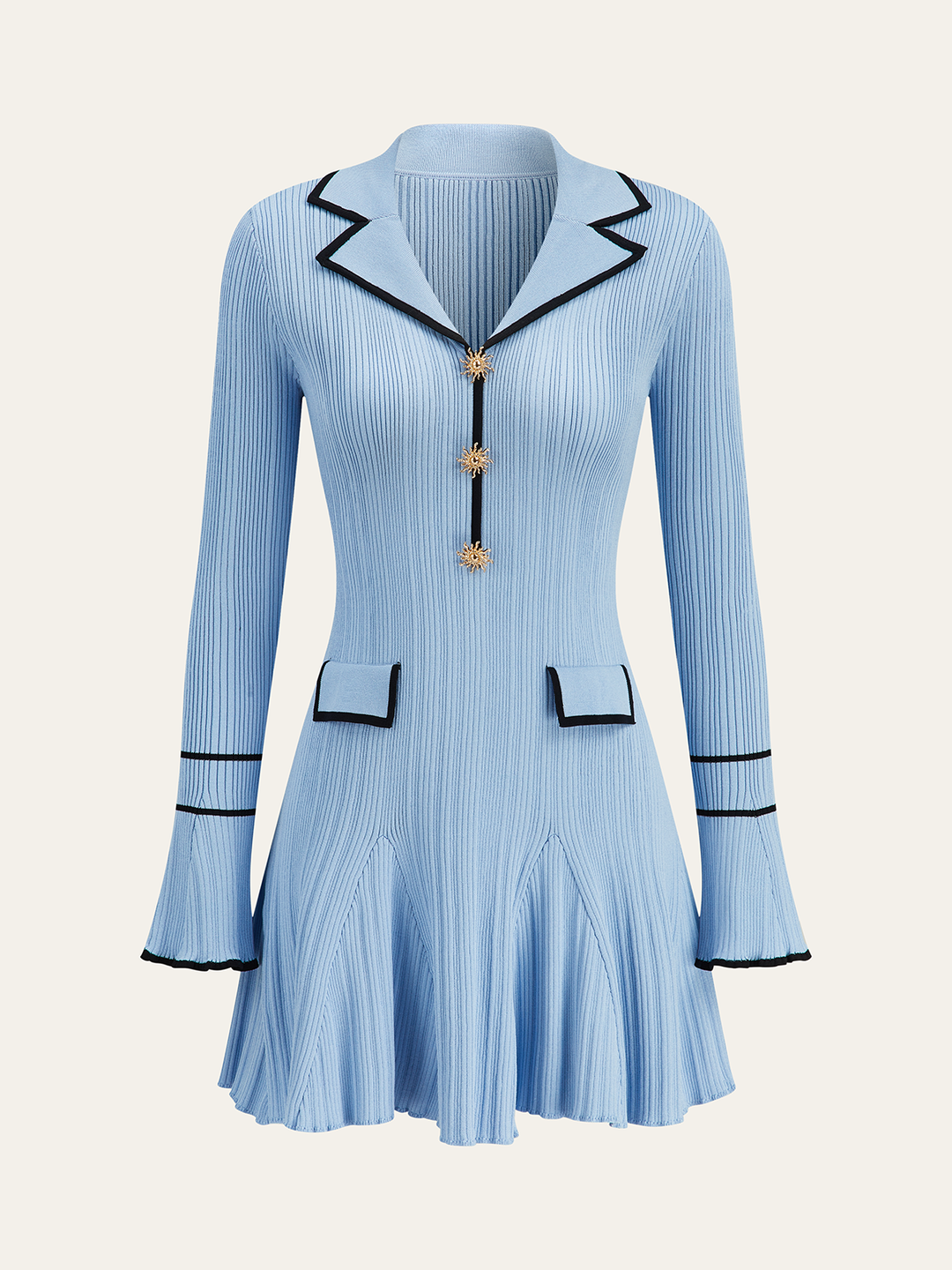 Contrast Trim Lapel Knit Dress  Liora Lane Boutique Sweater Dresses Blue / XL 156.99