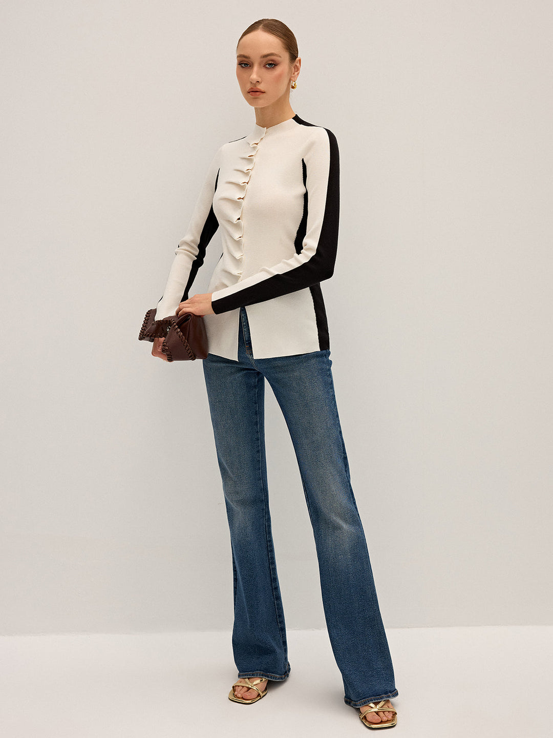 Ruffle Button Fitted Knit Top  Liora Lane Boutique Knit Tops