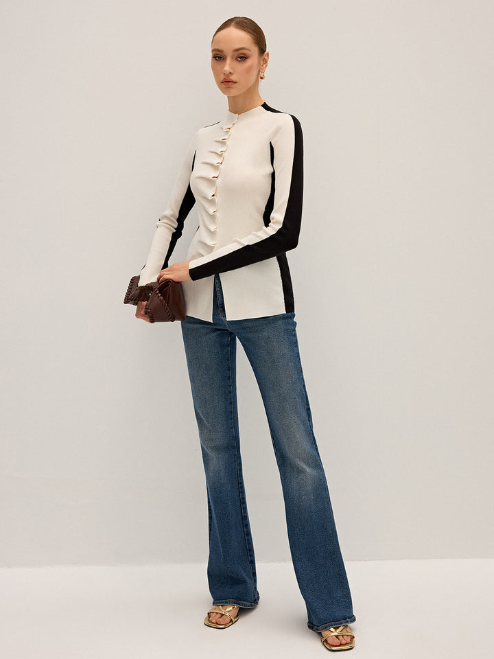 Ruffle Button Fitted Knit Top  Liora Lane Boutique Knit Tops