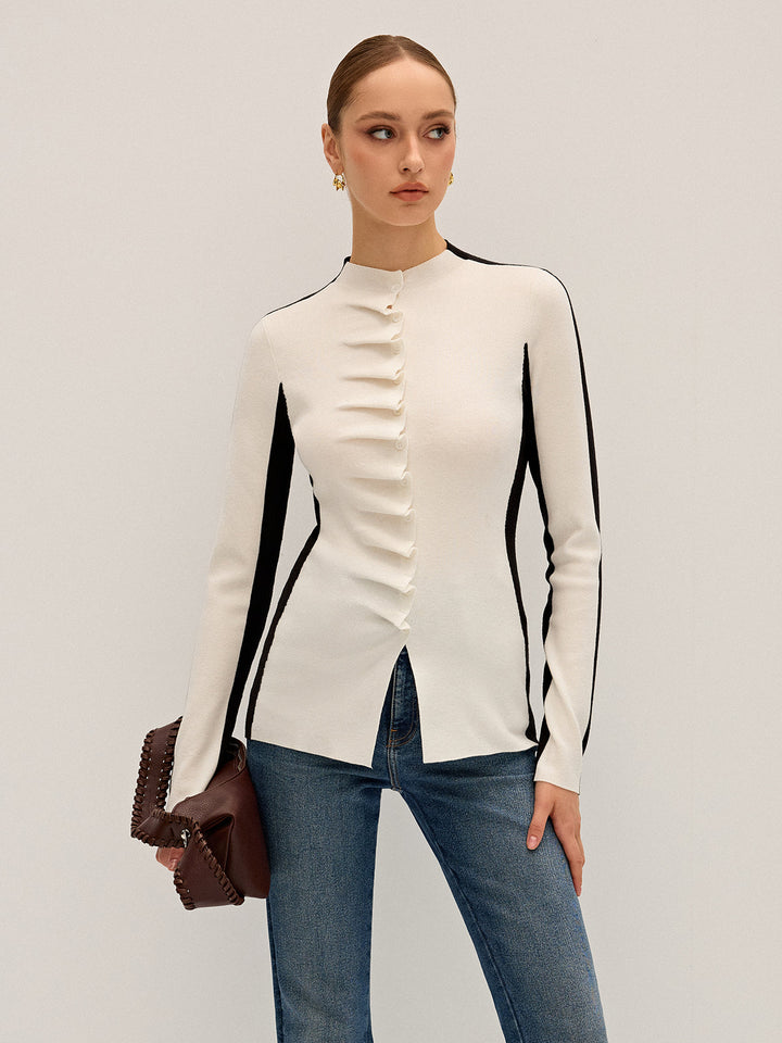 Ruffle Button Fitted Knit Top  Liora Lane Boutique Knit Tops BlackandWhite / XL 49.00