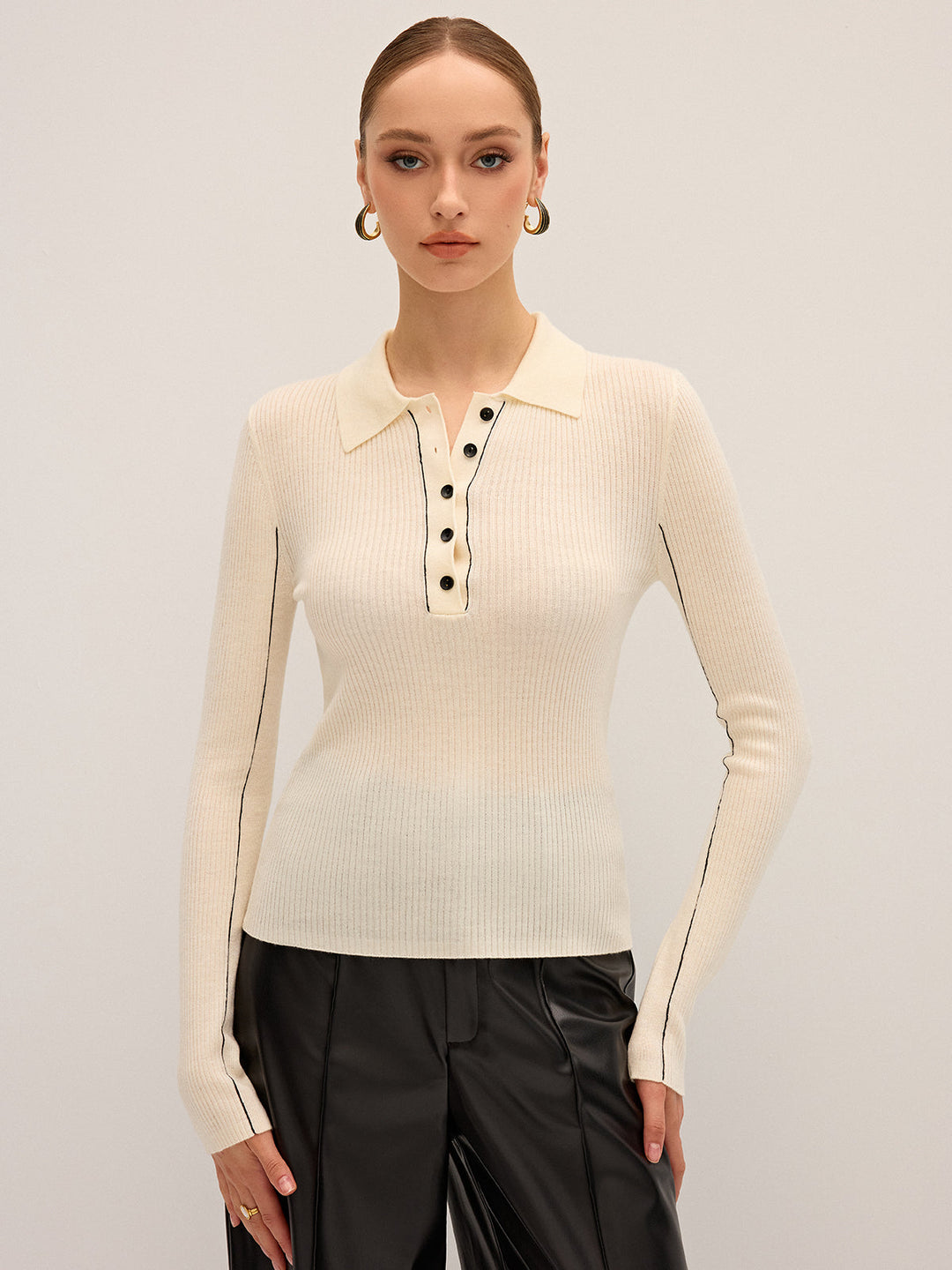 Wool Blend Ribbed Polo Knit Top  Liora Lane Boutique Knit Tops