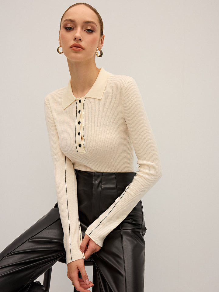 Wool Blend Ribbed Polo Knit Top  Liora Lane Boutique Knit Tops White / XL 42.00