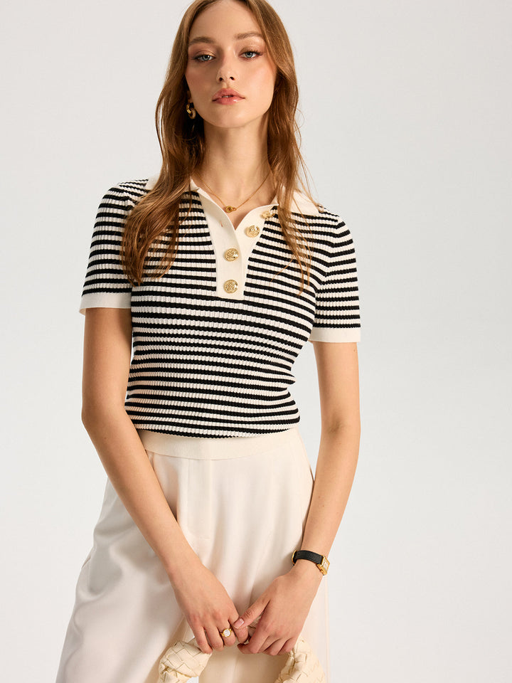 Metal Button Striped Knit Polo Top  Liora Lane Boutique Knit Tops
