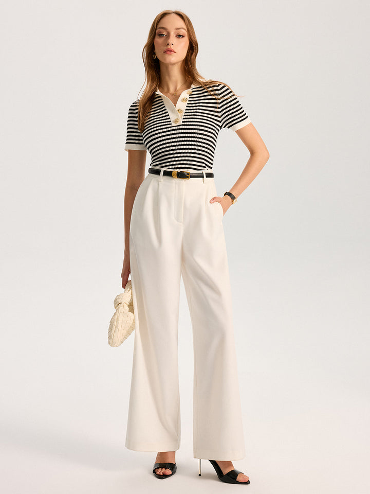 Metal Button Striped Knit Polo Top  Liora Lane Boutique Knit Tops