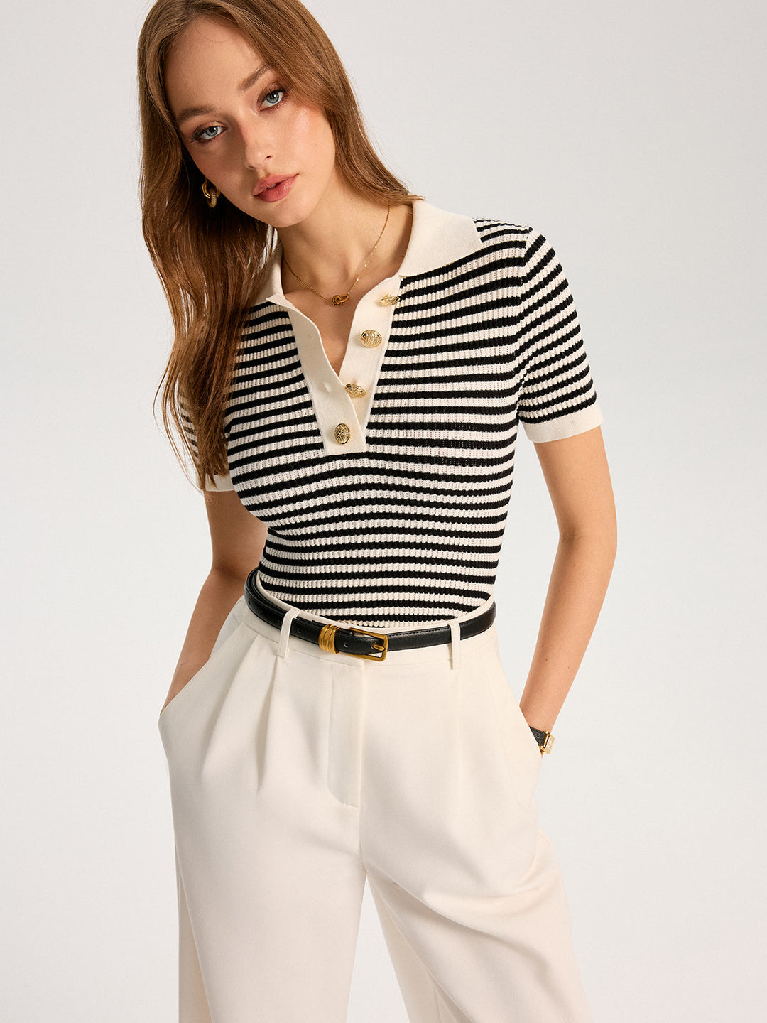 Metal Button Striped Knit Polo Top  Liora Lane Boutique Knit Tops BlackandWhite / XL 45.00