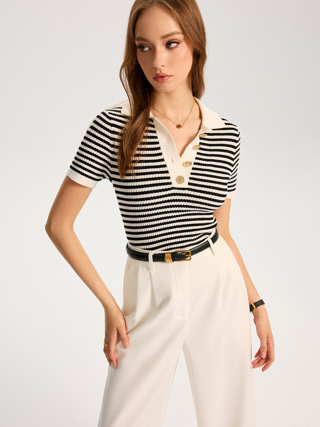 Metal Button Striped Knit Polo Top  Liora Lane Boutique Knit Tops