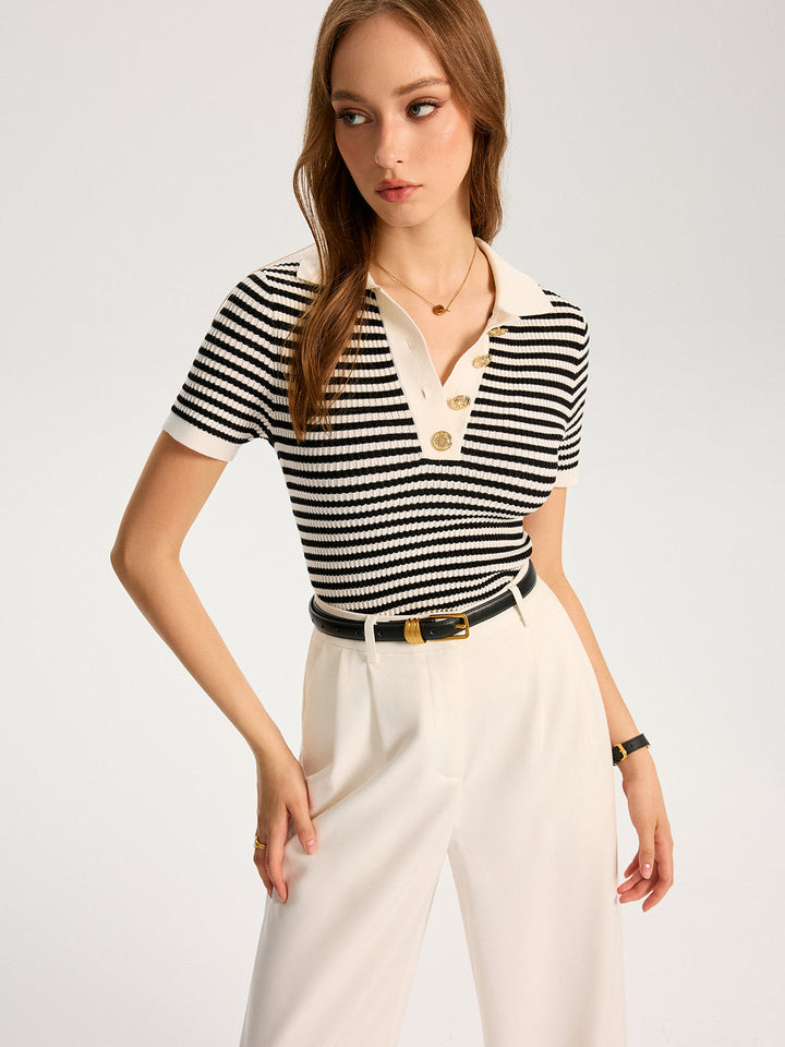 Metal Button Striped Knit Polo Top  Liora Lane Boutique Knit Tops