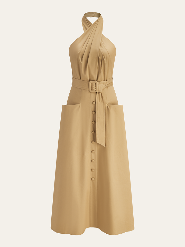 Cotton Pleated Halter Neck Belted Midi Dress  Liora Lane Boutique Dresses