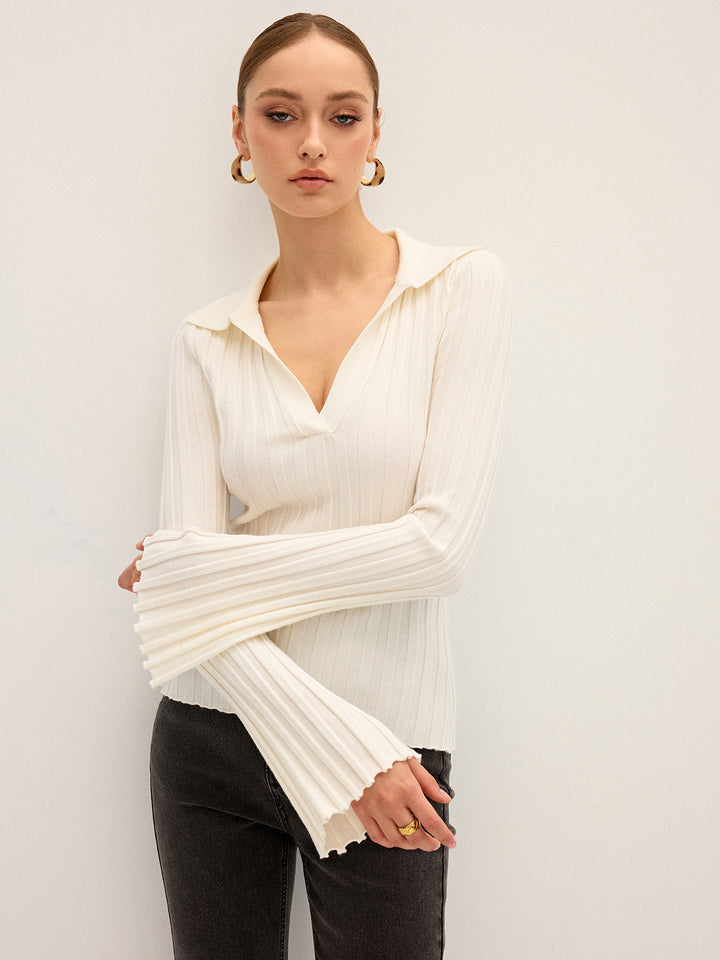 Flared Sleeve Collared Knit Top  Liora Lane Boutique Knit Tops