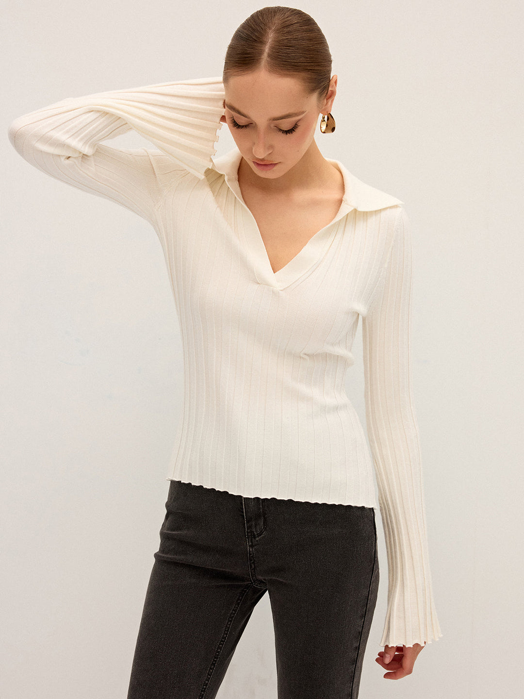 Flared Sleeve Collared Knit Top  Liora Lane Boutique Knit Tops